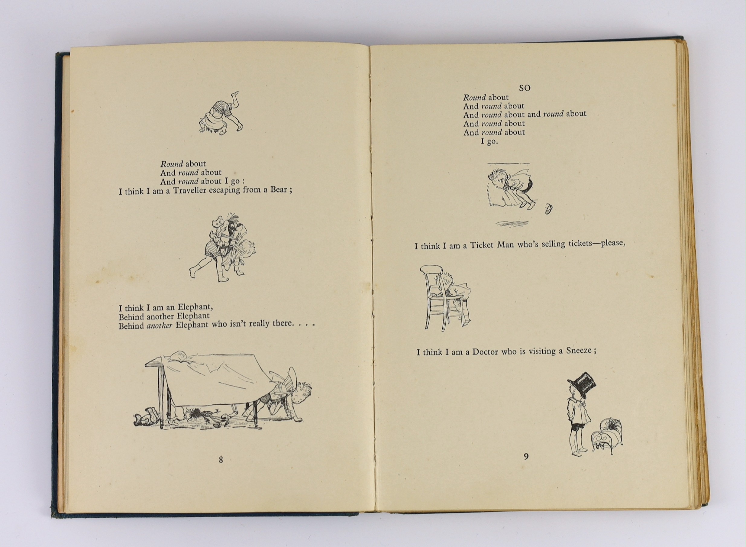 Milne, A.A. - Now We Are Six. First edition, illus. throughout (by Ernest Shepard, some full-page), half title, together with - The House at Pooh Corner. First edition. (illus. etc. as before); royal blue gilt decorated